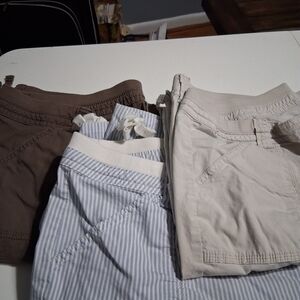St. John's Bay Women's Bermuda Shorts Trio - Brown, Light Blue Stripe, Cream